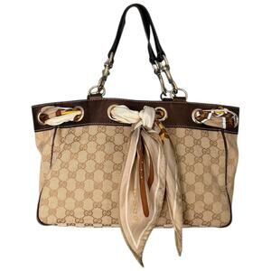 GUCCI Positano Scarf Tote Handbag Beige GG Canvas Brown Leather Trim Authentic
